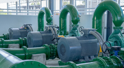 Electric motors driving centrifugal pumps of water system. - obrazy, fototapety, plakaty