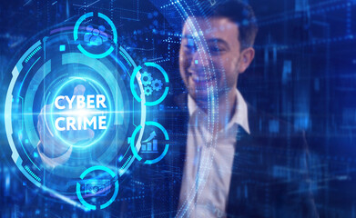 Business, Technology, Internet and network concept. Young businessman working on a virtual screen of the future and sees the inscription: Cyber crime