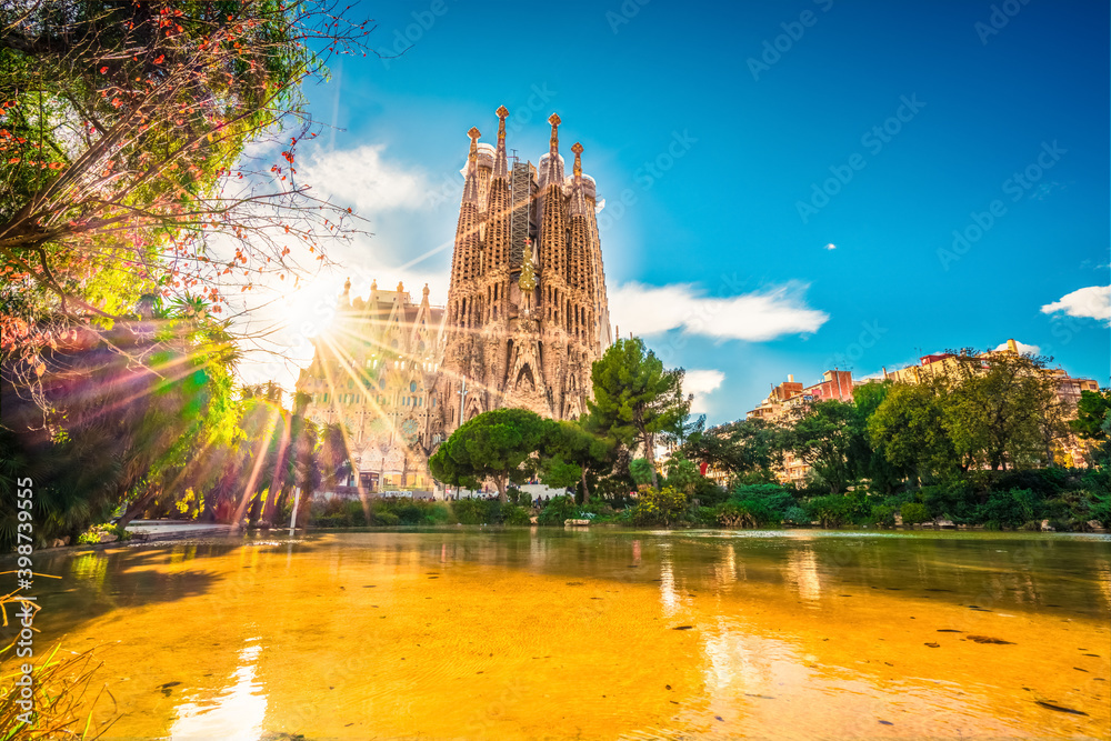 Sticker Sagrada Familia at sunrise in Barcelona, Spain