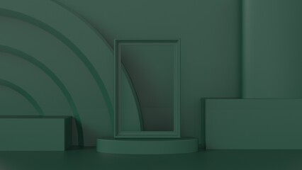 Green picture frame mockup on ellipse stage with cube cylindre and oval podium on green background 3d rendering illustration