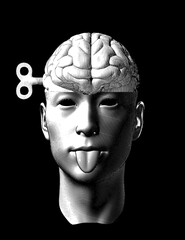 Obraz premium Human head sticky tongue and brain with wind up key vintage vector illustration