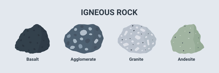Igneous rock illustration set. Basalt Agglomerate Granite and Andesite.