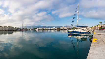 Kos Town harbour and Neratzia castle view in Kos Island. Kos Island is populer tourist destination...