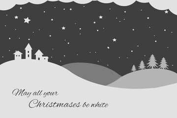 Fototapeta na wymiar Christmas greeting card | Holiday Digital Postcard | Winter Wonderland Landscape Illustration | Snowy Village And Forest
