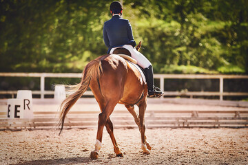 A sorrel horse with long tail that competes in dressage competitions is ridden by a rider in the...