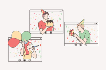 Online party, birthday, virtual meeting with friends concept. People staying and celebrating birthday or holiday through computer windows remotely. Video call during self isolation illustration 