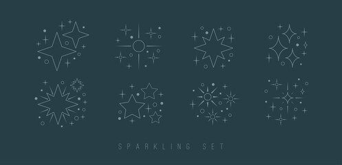 Twinkle Stars set. Shine Sparkles. Minimalistic Icons. Elegant thin line simple geometric design. Party, celebration concept. Trendy Vector Illustrations. All elements are isolated on blue