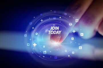 Finger touching tablet with social media icons and JOIN TODAY