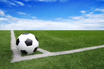 Fototapeta premium Soccer football field stadium grass line blue sky Background