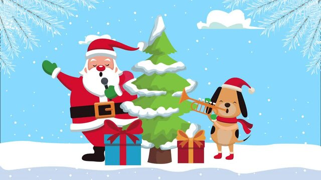 happy merry christmas santa claus with dog and gifts in pine tree