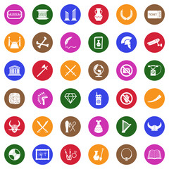 Museum Icons. White Flat Design In Circle. Vector Illustration.
