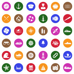 Nautical Icons. White Flat Design In Circle. Vector Illustration.