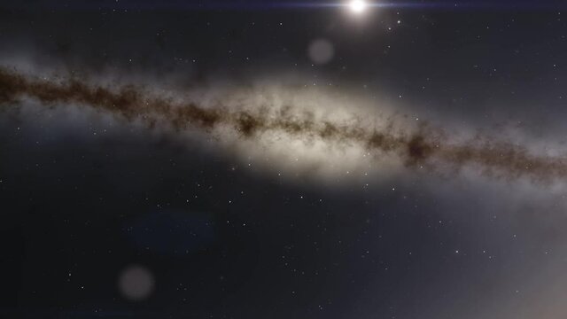 Exploration of galaxies through outer space towards a bright milky-way galaxy. 4K looping animation of flying through bright nebulae, clouds, and star fields. 