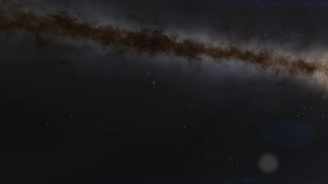 Exploration of galaxies through outer space towards a bright milky-way galaxy. 4K looping animation of flying through bright nebulae, clouds, and star fields. 