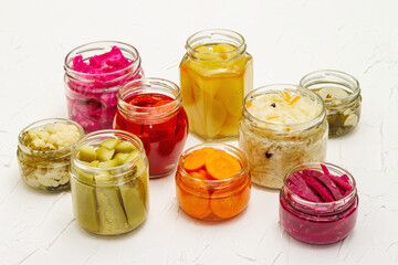 Assorted of fermented vegetables in glass jars