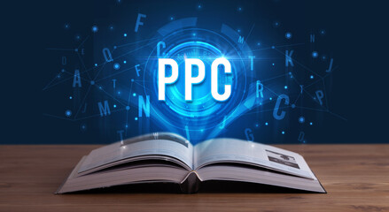 PPC inscription coming out from an open book, digital technology concept