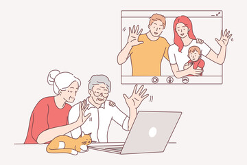 Online communication, video call and distant meeting concept. Children and grandchildren chatting with elderly relatives online on laptops having family meeting remotely illustration 