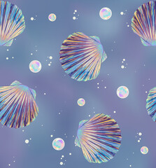 hand-drawn illustration with pearl seashells and round pearls. Seashells shimmer on a gradient delicate background