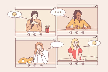 Videocall, online conference, distant communication concept. Group of diverse female enjoying online meeting or web communication on laptops from home illustration