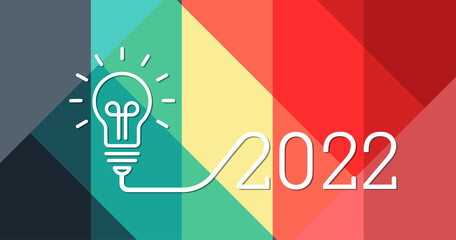 Creativity light bulb idea with 2022 new year design with a light bulb on the abstract color pattern background. 2022 planning ideas. Business, glowing