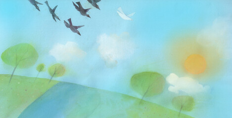 spring landscape with trees, a brook, clouds and crows