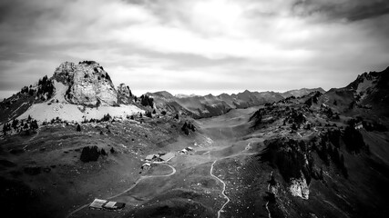 Obraz premium Popular mountain in the Swiss Alps called Schynige Platte in Switzerland - aerial view