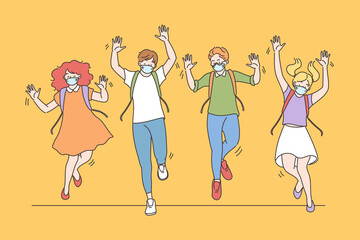 Back to school after coronavirus pandemic concept. Happy jumping kids wearing face medical mask for protection from COVID-19 feeling excited to be back to class with friends and mates illustration