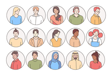 People of different races and nationalities concept. Set of young positive people of different ethnicities smiling and looking at camera in round frames, avatars or smiling people vector illustration 