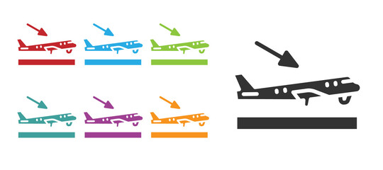 Black Plane landing icon isolated on white background. Airplane transport symbol. Set icons colorful. Vector.