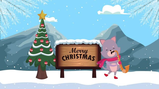 happy merry christmas animation with cat playing saxophone and pine tree