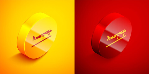 Isometric Plane icon isolated on orange and red background. Flying airplane icon. Airliner sign. Circle button. Vector.