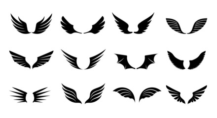 Fototapeta na wymiar A set of Black Wings. Vector Illustration and outline Icons. Symbol of freedom.
