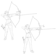 Set Sketches silhouettes attractive female and male archer bending a bow and aiming in the target