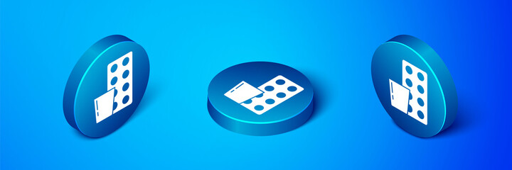 Isometric Pills in blister pack icon isolated on blue background. Medical drug package for tablet, vitamin, antibiotic, aspirin. Blue circle button. Vector.