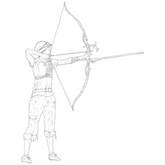 Sketches silhouettes attractive female archer bending a bow and aiming in the target