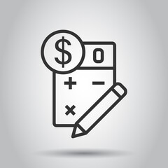 Tax payment icon in flat style. Budget invoice vector illustration on white isolated background. Calculator with dollar coin and pencil business concept.