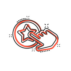 Click loyalty card icon in comic style. Hand on reward cartoon vector illustration on white isolated background. Discount splash effect business concept.