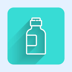 White line Bottle of medicine syrup icon isolated with long shadow. Green square button. Vector Illustration