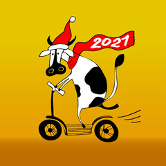 Greeting card with animal symbol of 2021 in flat doodle style. Funny new year bull on scooter isolated on cold background. Vector cartoon illustration drawn by hand.