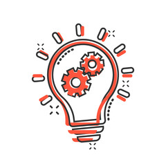 Innovation icon in comic style. Lightbulb with cogwheel cartoon vector illustration on white isolated background. Idea splash effect business concept.