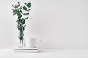 A mug, a stack of books and a transparent vase with eucalyptus branches. Eco-friendly materials in interior decor, minimalism. Copy space, mock up