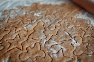 fresh dough for christmas cookies of various shapes  from wheat flour
