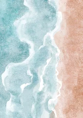 Photo sur Plexiglas Bleu clair Boho Sea Beach avec impression de vagues. Contexte abstrait. Art mural imprimable bohème, affiche bohème, art abstrait pastel, dessin de paysage, peinture de mer. Effet dessiné à la main