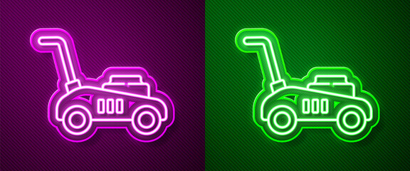 Glowing neon line Lawn mower icon isolated on purple and green background. Lawn mower cutting grass.  Vector Illustration
