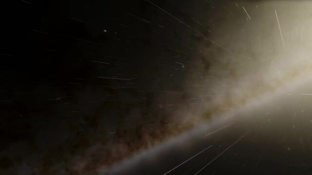 Exploration of galaxies through outer space towards a bright milky-way galaxy. 4K looping animation of flying through bright nebulae, clouds, and star fields. 