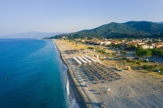 Agiokampos city aerial view and  beach on Kato Sotiritsa, Greece