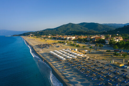 Agiokampos city aerial view and  beach on Kato Sotiritsa, Greece