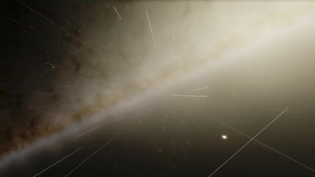 Exploration of galaxies through outer space towards a bright milky-way galaxy. 4K looping animation of flying through bright nebulae, clouds, and star fields. 