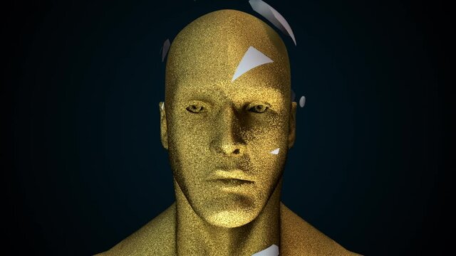 Human head with collapsing face. Computer generated futuristic background. 3D rendering head deformity