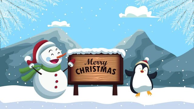 happy merry christmas snowman and penguin in snowscape
